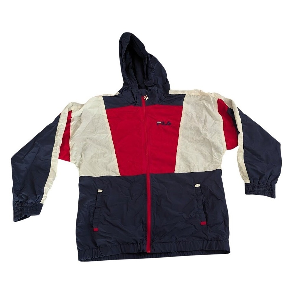 Men's Fila Color Block Hooded Windbreaker Jacket Navy Red White Medium Y2K